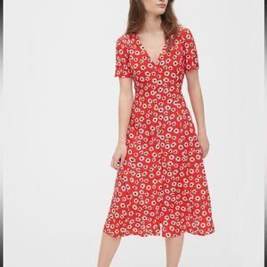 GAP Red Floral Button-Front Midi Dress Short Sleeve Size 8